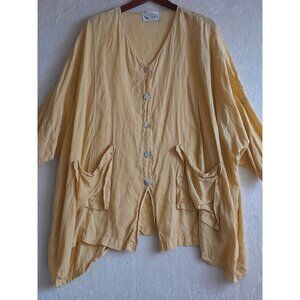 Vtg LA Fixsun Linen Lagenlook Oversized Beach Tunic Top Pockets Medium Mustard